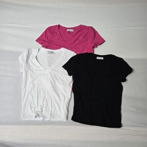 Stylish‎ Women's V-Neck Tee Set - White, Pink, Black319